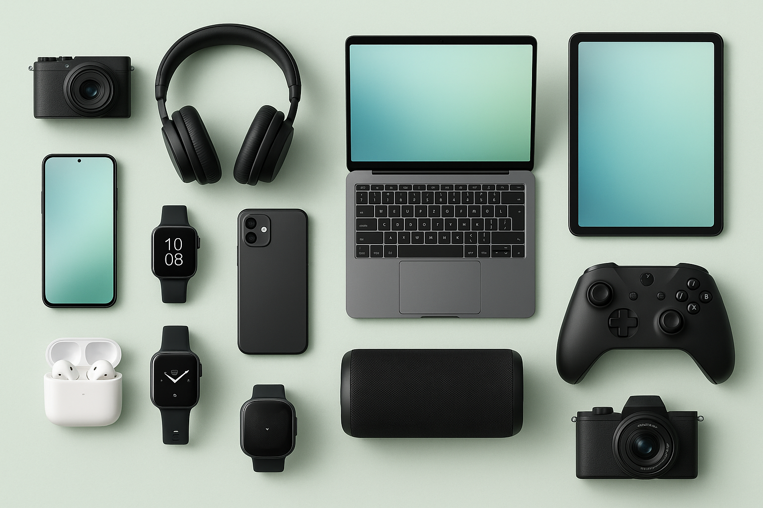 varios produtos eletronicos, com fundo verde claro 